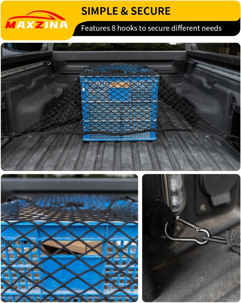 Maxzina Cargo Net Compatible with 2022-2026 Ford Maverick 2021-2026 F150 Truck Storage Net Dense Mesh Single Layer Stretchable Adjustable Elastic with 8 Hooks for 2025 Exterior Accessories (4'×4') - Image 3